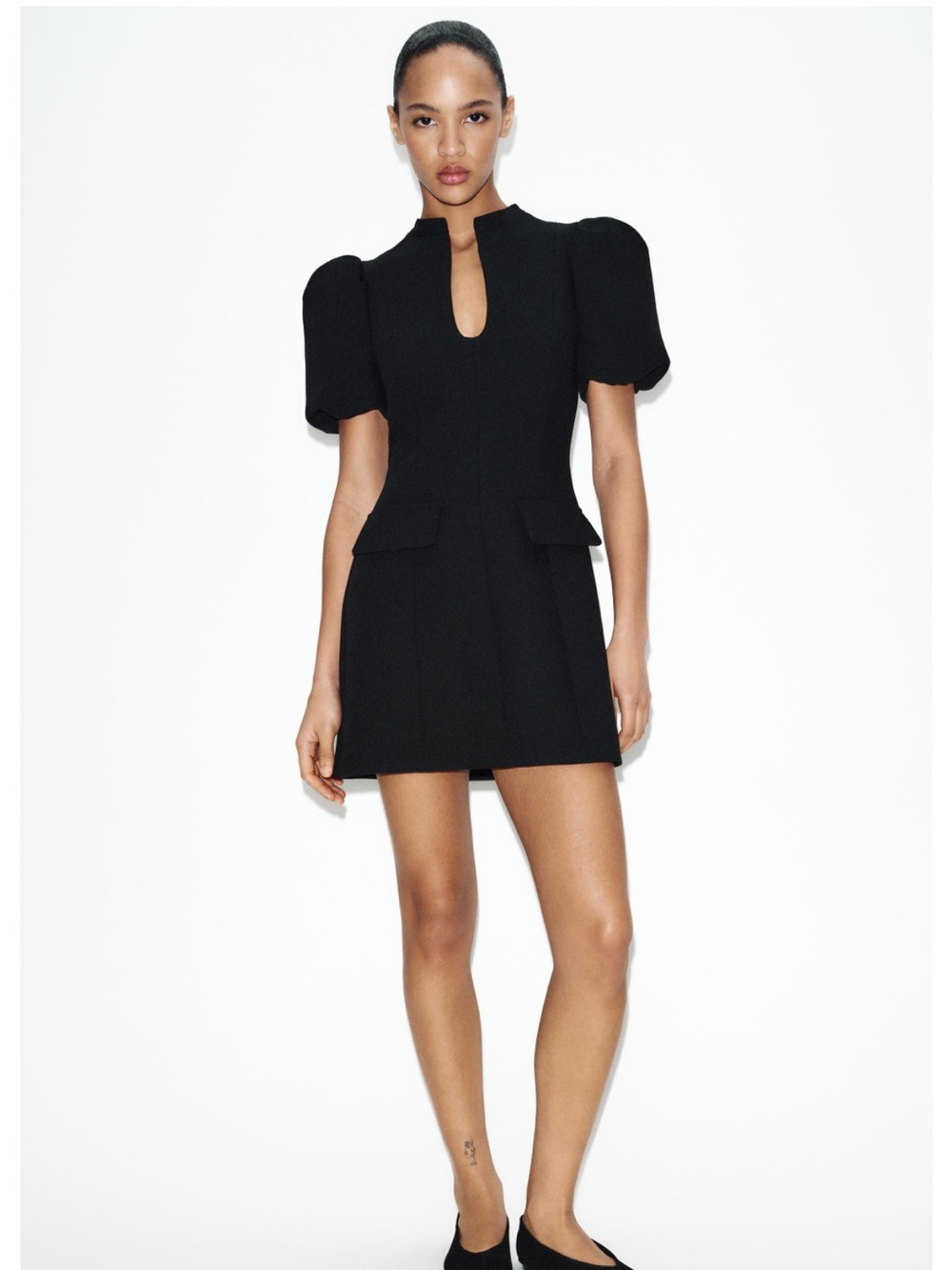 Women’s Zara Black Puff-Sleeve Mini Dress with Keyhole Neck XL NWT